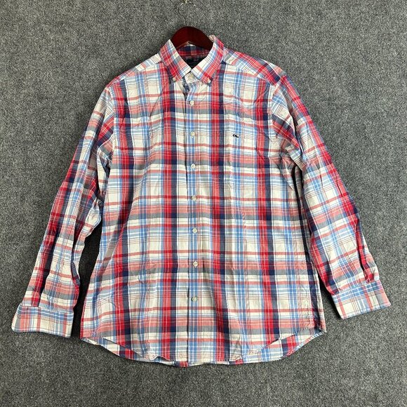 Vineyard Vines Shirt Mens Large Slim Fit Tucker Button Down Red Blue Plaid Cotto - Picture 1 of 7